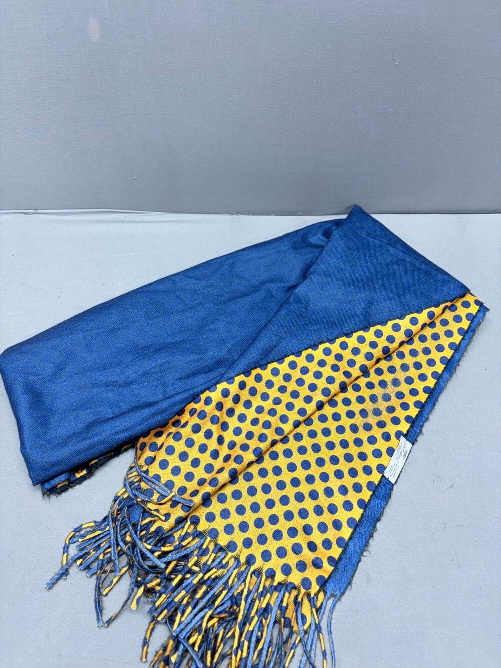 Portofino Cashmere Wool Scarf Reversible Royal Blue Yellow Polka Dot Italy Tie
